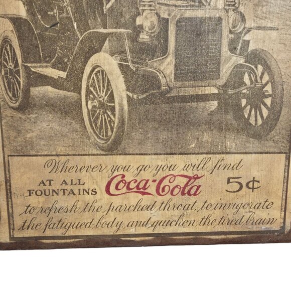 Antique COCA-COLA AT‎ ALL Fountains Model T Car Poster Wood Wall Hang 14"x 10.5" - Picture 2 of 11
